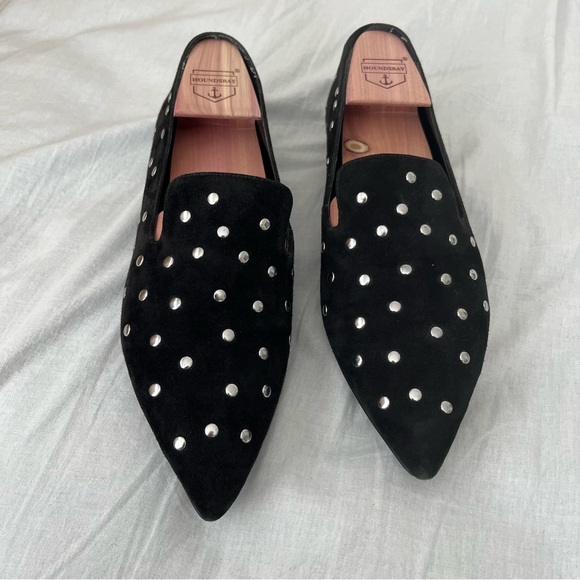 COPY - Black Suede Studio Silver Studded Black Pointed Toe Loafers - Size 8.5 - Picture 3 of 6